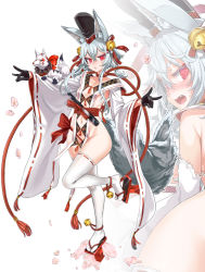Rule 34 | 1girl, animal ears, asanagi, blush, breasts, fang, highres, mole, mole on thigh, mole under eye, multiple views, navel, no bra, no panties, nontraditional miko, open mouth, original, red eyes, revealing clothes, ribbon-trimmed sleeves, ribbon trim, seere (the seven deadly sins), short hair with long locks, silver hair, skindentation, small breasts, solo, tail, the seven deadly sins, white legwear, wide sleeves, wolf ears, wolf girl, wolf tail