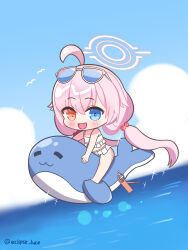 Rule 34 | 1girl, :3, :d, = =, absurdres, ahoge, bikini, bird, blue-tinted eyewear, blue archive, blue sky, blurry, blush, chibi, cloud, depth of field, eyewear on head, frilled bikini, frills, hair between eyes, hair bobbles, hair flaps, hair ornament, halo, heterochromia, highres, hoshino (blue archive), hoshino (swimsuit) (blue archive), inflatable toy, inflatable whale, low twintails, luceee, ocean, open mouth, pink hair, pink halo, sky, smile, solo, sparkle, swimsuit, tinted eyewear, twintails, twitter username, white bikini