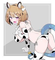 Rule 34 | 1girl, absurdres, alternate costume, animal ear fluff, animal ears, arknights, ass, bell, bikini, blonde hair, blush, breasts, claw pose, commentary request, cow horns, cow print, cow print bikini, cowbell, elbow gloves, fake horns, fang, gloves, grey background, highres, horns, huge breasts, looking at viewer, looking back, magenta eyes, open mouth, print bikini, short hair, solo, string bikini, swimsuit, tail, tamamayu (artist), thighhighs, utage (arknights)