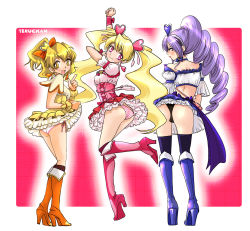Rule 34 | 00s, 3girls, :d, aono miki, ass, blonde hair, blue footwear, blue skirt, blush, boots, cure berry, cure peach, cure pine, drill hair, embarrassed, eyelashes, fresh precure!, frills, hair ornament, heart, heart hair ornament, knee boots, legs, magical girl, miniskirt, momozono love, multiple girls, open mouth, panties, pantyshot, pink eyes, pink footwear, precure, purple hair, skirt, smile, standing, standing on one leg, striped clothes, striped panties, teruchan, thighhighs, underwear, yamabuki inori, yellow eyes