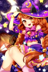 Rule 34 | 1girl, :d, animal ears, bell, bow, bracelet, braid, brown hair, cat ears, cat tail, cropped legs, envy (otoca d&#039;or), frills, hair bow, hat, jewelry, jingle bell, lantern, long hair, looking at viewer, matatabi dango, moon print, open mouth, otoca d&#039;or, pink bow, purple bow, purple skirt, skirt, smile, solo, star (symbol), star print, striped, striped bow, tail, twin braids, witch hat, yellow eyes
