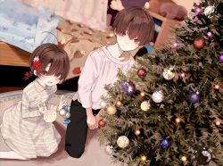 Rule 34 | 1boy, 1girl, age difference, brother, brother and sister, brown hair, child, christmas, christmas ornaments, christmas tree, deleted, deleted picture, dress, honnryou hanaru, indoors, older man and younger girl, original, short hair, siblings, sister