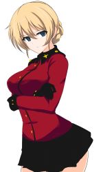 Rule 34 | 1girl, absurdres, aikir (jml5160), black gloves, black skirt, blue eyes, braid, closed mouth, commentary, cowboy shot, crossed arms, darjeeling (girls und panzer), frown, girls und panzer, glaring, gloves, highres, insignia, jacket, long sleeves, looking at viewer, military, military uniform, miniskirt, one-hour drawing challenge, own hands together, pleated skirt, red jacket, short hair, simple background, skirt, solo, st. gloriana&#039;s military uniform, standing, uniform, white background