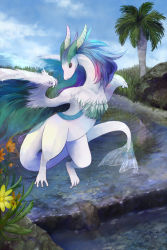 Rule 34 | blue hair, blue sky, claws, cloud, day, dragon, flower, highres, horns, lake, no humans, original, palm tree, pixiv fantasia, pixiv fantasia 5, rackety, reflecting pool, reflection, reflective water, sky, solo, tail, tree, wings