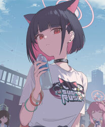 Rule 34 | 3girls, absurdres, airi (band) (blue archive), airi (blue archive), animal ears, black collar, black hair, blue archive, blue sky, blunt bangs, bottle, building, cat ears, closed eyes, closed mouth, collar, colored inner hair, commentary request, earclip, earrings, extra ears, frown, hair ornament, hairclip, halo, hand up, highres, holding, holding bottle, huaano, jewelry, kazusa (band) (blue archive), kazusa (blue archive), looking at viewer, looking back, multicolored hair, multiple girls, natsu (band) (blue archive), natsu (blue archive), official alternate costume, pink eyes, pink hair, pink halo, shirt, short hair, sky, stud earrings, water bottle, white shirt, wristband