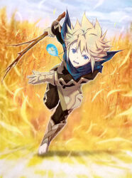 Rule 34 | 1boy, 1girl, barefoot, blue eyes, blue scarf, branch, fire emblem, fire emblem cipher, fire emblem fates, highres, holding, holding branch, kana (fire emblem), kana (male) (fire emblem), nintendo, official art, pointy ears, scarf, solo, third-party source, wheat, white hair