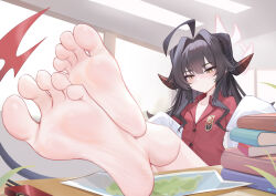 Rule 34 | 1girl, ahoge, barefoot, blue archive, blush, book, crossed legs, feet, feet on table, foot focus, foreshortening, highres, horns, kalun (fwme3378), kasumi (blue archive), legs, long hair, red shirt, shirt, sleeves past wrists, soles, solo, toes, yellow eyes