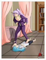 Rule 34 | 1girl, 1other, arlioth, barefoot, bed, bedroom, blue hair, book, bookshelf, breasts, denki anma, domination, closed eyes, feet, femdom, foot on another&#039;s face, foot on head, foot worship, footjob, footjob over clothes, formal, hands on own hips, highres, holding foot, horn, indoors, jacket, large breasts, long sleeves, looking down, lying, nail polish, on back, purple eyes, purple jacket, rimuru tempest, sandals, shion (tensei shitara slime datta ken), smile, stepped on, suit, tall female, tensei shitara slime datta ken, toenail polish, toenails, toes, trample