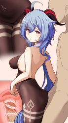 Rule 34 | 1boy, 1girl, ahoge, ass, back, bare shoulders, black legwear, blue hair, blush, bodystocking, bodysuit, breasts, censored, clothed female nude male, clothed sex, cross-section, donutman, ganyu (genshin impact), genshin impact, heart, heart censor, hetero, highres, horns, long hair, looking at another, medium breasts, nude, paid reward available, parted lips, penis, purple eyes, sex, sex from behind, sideboob, sidelocks, sweatdrop, thighlet, thighs, vaginal, x-ray