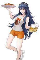 Rule 34 | 1girl, bare shoulders, beer mug, blue eyes, blue hair, brand of the exalt, breasts, chicken (food), closed mouth, commentary, commission, cup, english commentary, fire emblem, fire emblem awakening, food, hair between eyes, highres, holding, holding cup, holding plate, hooters, leg up, long hair, lucina (fire emblem), mug, nintendo, orange shorts, plate, shirt, shoes, short shorts, shorts, sleeveless, sleeveless shirt, small breasts, smile, sobasakuhin, solo, symbol in eye, tiara, white background, white footwear