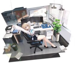 Rule 34 | absurdres, blonde hair, blue eyes, chair, high heels, highres, keyboard (computer), leaning back, office, office chair, plant, sitting, swivel chair, trash can, whiteboard