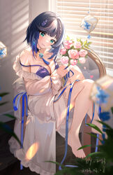 Rule 34 | 1girl, alternate costume, artist name, barefoot, window blinds, blue hair, blue ribbon, blunt bangs, bra, breasts, cleavage, dated, dice, feet, flower, genshin impact, green eyes, highres, holding, holding flower, indoors, large breasts, legs, looking at viewer, miaogujun, open clothes, parted lips, pink flower, pink rose, ribbon, rose, short hair, sitting, smile, solo, strap slip, tassel, thighs, toenails, toes, underwear, yelan (genshin impact)