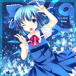 Rule 34 | &gt;;d, 1girl, ;d, ajiriko, bad id, bad pixiv id, blue eyes, blue hair, bow, bowtie, character name, cirno, dated, double v, dutch angle, hair bow, hair ribbon, ice, ice wings, looking at viewer, matching hair/eyes, one eye closed, open mouth, ribbon, short hair, smile, solo, touhou, v, v-shaped eyebrows, wings