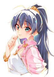 Rule 34 | 1girl, blue eyes, blue hair, bracelet, breasts, cowlick, from side, ganaha hibiki, highres, idolmaster, idolmaster (classic), jacket, jewelry, looking at viewer, necklace, nitta hiroto, pink jacket, ponytail, small breasts, smile, solo, strapless, tube top, upper body, white background, white tube top