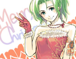 Rule 34 | 1girl, christmas, closed mouth, dress, final fantasy, final fantasy vi, fur trim, gloves, green eyes, green hair, jewelry, long hair, looking at viewer, necklace, ponytail, red gloves, smile, solo, star (symbol), tina branford, v, yusachi ryo