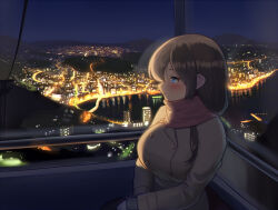 Rule 34 | 1girl, black hair, blue eyes, blush, building, buttons, cable car, city lights, cityscape, coat, commentary request, double-breasted, long hair, maku ro, mountainous horizon, night, original, parted lips, scenery, sidelocks, sitting, skyline, skyscraper, solo, winter clothes, winter coat