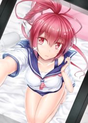 Rule 34 | 10s, 1girl, blush, hair ribbon, i-168 (kancolle), kantai collection, long hair, looking at viewer, one-piece swimsuit, personification, ponytail, red eyes, red hair, ribbon, school swimsuit, school uniform, serafuku, solo, swimsuit, swimsuit under clothes, y2
