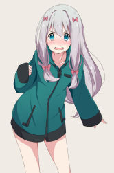Rule 34 | 10s, 1girl, bad id, bad pixiv id, blue eyes, blush, bottomless, bow, eromanga sensei, frown, green jacket, hair bow, izumi sagiri, jacket, kohiyama sen, leaning forward, long hair, looking at viewer, low-tied long hair, nose blush, open mouth, pink bow, silver hair, simple background, sleeves past wrists, solo, standing, wavy mouth, zipper