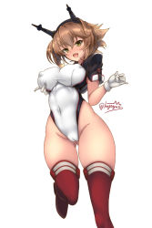 Rule 34 | 1girl, alternate costume, blush, breasts, brown hair, competition swimsuit, covered erect nipples, covered navel, gloves, green eyes, hairband, headgear, kantai collection, kuga zankurou, large breasts, looking at viewer, mutsu (kancolle), one-piece swimsuit, open mouth, radio antenna, red footwear, red thighhighs, short hair, smile, solo, swimsuit, thighhighs