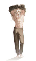Rule 34 | 1boy, abs, armpits, arms up, barefoot, closed mouth, crossed arms, dhfz181, full body, grey pants, grey shirt, head down, highres, honkai: star rail, honkai (series), jing yuan, long hair, looking down, male focus, mole, mole under eye, navel, nipples, pants, shirt, simple background, solo, toned, toned male, undressing, white hair, yellow eyes