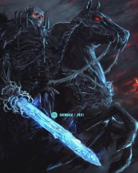 Rule 34 | 1boy, 2021, armor, artist name, berserk, cape, commentary, dated, english commentary, glowing, glowing eyes, helmet, highres, horse, horseback riding, plate armor, red eyes, riding, shield, shimhaq, skeleton, skull knight (berserk), solo, sword, sword of resonance, weapon
