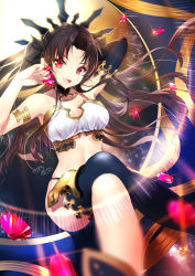 Rule 34 | 1girl, :d, armlet, armpits, arms up, between fingers, bikini, black bikini, black ribbon, black thighhighs, blurry, blush, breasts, brown hair, cleavage, collar, collarbone, crossed legs, crown, depth of field, detached sleeves, fate/grand order, fate (series), gem, glint, hair ribbon, heavenly boat maanna, holding, ishtar (fate), kagachi saku, long hair, long sleeves, looking at viewer, medium breasts, mismatched bikini, navel, open mouth, parted bangs, ribbon, signature, single detached sleeve, single thighhigh, sitting, skindentation, smile, solo, strapless, strapless bikini, swimsuit, thighhighs, tohsaka rin, two side up, white bikini