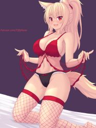 Rule 34 | 1girl, animal ear fluff, animal ears, bare arms, bare shoulders, black panties, blonde hair, blush, bow, bow panties, breasts, cat ears, cat girl, cat tail, cleavage, commentary, english commentary, fishnet thighhighs, fishnets, highres, kneeling, large breasts, lingerie, long hair, looking at viewer, navel, nottytiffy, open mouth, original, panties, patreon username, ponytail, purple background, red eyes, red thighhighs, see-through, sideboob, slit pupils, smile, solo, tail, thighhighs, thighs, tiffy (nottytiffy), underwear