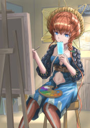 Rule 34 | 1girl, blue eyes, blue overalls, braid, breasts, canvas (object), center opening, crown braid, easel, fate/grand order, fate (series), food, hat, highres, ksfactory, long hair, navel, orange hair, overall shorts, overalls, paintbrush, popsicle, puffy sleeves, side braid, sitting, small breasts, solo, straw hat, van gogh (fate), yellow hat