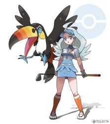 Rule 34 | 1girl, :o, absurdres, ahoge, artist name, blue hair, blue headwear, breasts, collared shirt, commentary request, creatures (company), elite four, game freak, gen 7 pokemon, golf club, grey eyes, highres, holding, holding golf club, kahili (pokemon), light blue hair, long hair, mole, mole under eye, nintendo, official style, open mouth, orange socks, poke ball symbol, pokemon, pokemon (creature), pokemon sm, shirt, short sleeves, simple background, skirt, socks, standing, striped clothes, striped shirt, tellzeta, tongue, toucannon, visor cap, watermark