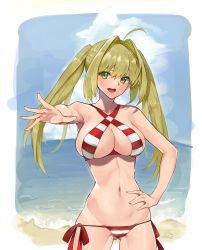 Rule 34 | 1girl, absurdres, ahoge, beach, bikini, blonde hair, blush, breasts, c-da, cleavage, day, fate/grand order, fate (series), gluteal fold, green eyes, hair between eyes, hair intakes, hand up, highres, large breasts, long hair, nero claudius (fate), nero claudius (fate) (all), nero claudius (swimsuit caster) (fate), ocean, open mouth, outdoors, side-tie bikini bottom, sidelocks, sling bikini top, solo, striped bikini, striped clothes, swimsuit, twintails, water