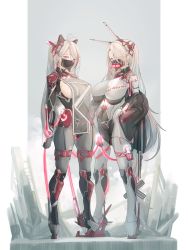 Rule 34 | 2girls, antenna hair, antennae, azur lane, bodysuit, braid, braided ponytail, breasts, cameltoe, character name, commentary, cross, cross earrings, cross hair ornament, earrings, english commentary, glowing, glowing tail, hair ornament, high heels, highres, iron cross, jewelry, large breasts, long hair, mask, mecha musume, mechanical ears, mechanical parts, mixed-language commentary, mole, mole on breast, mouth mask, multiple girls, one eye closed, prinz eugen (azur lane), prinz heinrich (azur lane), qr code, red eyes, sideboob, silver hair, skindentation, swept bangs, tube, twintails, yusha m