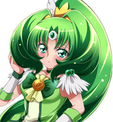 Rule 34 | 10s, 1girl, absurdres, bad id, bad pixiv id, blush, bow, brooch, choker, cure march, green bow, green eyes, green hair, green theme, highres, jewelry, long hair, magical girl, matching hair/eyes, midorikawa nao, ponytail, precure, sharumon, smile precure!, solo, tri tails, white background, wrist cuffs