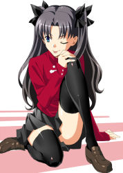 Rule 34 | 1girl, :p, ;p, bad id, bad pixiv id, black hair, black thighhighs, blue eyes, fate/stay night, fate (series), hair ribbon, kneeling, kurai nao, legs folded, long hair, long legs, one eye closed, ribbon, solo, thighhighs, tohsaka rin, tongue, tongue out, turtleneck, two side up, wink