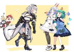 Rule 34 | 0 0, animal ears, armor, armored boots, asymmetrical clothes, black gloves, blue dress, blue hair, boots, bow, braid, breasts, bug, butterfly, carrot hair ornament, cleavage, cleavage cutout, clenched hand, clothing cutout, covered navel, don-chan (usada pekora), double bun, dress, faceless, faceless female, fang, fingerless gloves, food-themed hair ornament, fur-trimmed gloves, fur trim, gloves, green hair, hair bow, hair bun, hair ornament, highres, holding, holding weapon, hololive, hololive fantasy, houshou marine, insect, kintsuba (shiranui flare), knee boots, large breasts, mace, miniskirt, open mouth, pantyhose, pleated skirt, pointy ears, ponytail, rabbit ears, rabbit girl, rabbit tail, red eyes, shiranui flare, shiranui flare (old design), shirogane noel, shirogane noel (1st costume), shoulder armor, silver hair, skin fang, skirt, small breasts, tail, tears, thighhighs, twin braids, uruha rushia, uruha rushia (1st costume), usada pekora, usada pekora (1st costume), vambraces, virtual youtuber, weapon, yomosaka