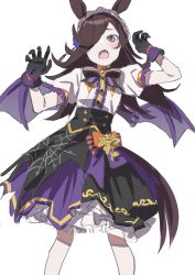 Rule 34 | 1girl, absurdres, bat wings, black gloves, black skirt, bow, bowtie, brown hair, center frills, claw pose, commentary, cottone (highjethoo), fangs, frilled gloves, frilled skirt, frilled sleeves, frills, gloves, hair over one eye, highres, horse girl, long hair, looking at viewer, maid headdress, official alternate costume, puffy short sleeves, puffy sleeves, purple eyes, purple skirt, rice shower (make up vampire!) (umamusume), rice shower (umamusume), shirt, short sleeves, skirt, solo, symbol-only commentary, umamusume, very long hair, white shirt, wings