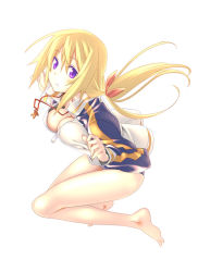 Rule 34 | 10s, 1girl, bare legs, barefoot, blonde hair, breasts, charlotte dunois, cleavage, downblouse, himura kiseki, infinite stratos, jacket, jewelry, legs, long hair, long legs, medium breasts, necklace, purple eyes, solo, track jacket
