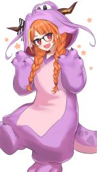 Rule 34 | 1girl, animal costume, bad id, bad pixiv id, blonde hair, blunt bangs, blush, braid, claw pose, dragon costume, dragon girl, dragon horns, fang, full body, gao, glasses, hair tie, highres, hololive, horns, kiki-yu, kiryu coco, long hair, looking at viewer, multicolored hair, official alternate costume, onesie, open mouth, red eyes, sidelocks, simple background, solo, standing, standing on one leg, star (symbol), streaked hair, twin braids, v-shaped eyebrows, virtual youtuber, white background