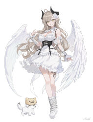 Rule 34 | 1girl, absurdres, ahoge, boots, breasts, cat, corset, curled horns, dress, feathered wings, flower, frilled dress, frills, full body, grin, hair flower, hair ornament, heartki, highres, horns, large breasts, light brown hair, long hair, looking at viewer, original, signature, simple background, smile, solo, standing, very long hair, white background, white dress, white footwear, wings, yellow eyes