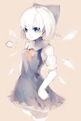 Rule 34 | 1girl, ascot, blue dress, blue eyes, cirno, dress, hair ornament, hair ribbon, highres, ice, ice wings, looking away, orange background, puffy sleeves, ribbon, riuichi, short hair, short sleeves, simple background, solo, touhou, white hair, wings