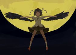 Rule 34 | 1girl, black hair, black wings, full body, full moon, kawashina (momen silicon), looking at viewer, moon, open mouth, outstretched arms, shameimaru aya, short hair, skirt, solo, touhou, wings