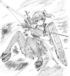 Rule 34 | 1girl, absurdres, arrow (projectile), blush, bow (weapon), breasts, commentary request, flight deck, gloves, greyscale, highres, holding, holding bow (weapon), holding weapon, kaga (kancolle), kantai collection, large breasts, looking at viewer, makicha (sasurainopink), mast, monochrome, muneate, one-hour drawing challenge, one side up, parted lips, platform footwear, pleated skirt, sandals, short sleeves, single glove, skirt, solo, thighhighs, weapon, wide sleeves