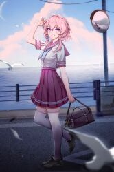 Rule 34 | 1girl, absurdres, alternate costume, bag, bird, black footwear, blue eyes, blue neckerchief, blue sky, blurry, blurry foreground, blush, breasts, chinese commentary, cloud, cloudy sky, commentary, earrings, from side, full body, grin, high-waist skirt, highres, holding, holding bag, honkai: star rail, honkai (series), jewelry, loafers, march 7th (honkai: star rail), medium breasts, medium hair, medium skirt, mixed-language commentary, moon, neckerchief, pink eyes, pink hair, pink sailor collar, pink skirt, pleated skirt, pom-pom (honkai: star rail), revision, sailor collar, school uniform, serafuku, shoes, single earring, skindentation, skirt, sky, smile, solo, thighhighs, traffic mirror, two-tone eyes, wangzili shitoumen, water, white thighhighs, zettai ryouiki