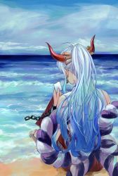 Rule 34 | 1girl, absurdres, ahoge, beach, bin (binonep), blue hair, blue sky, cloud, cloudy sky, cuffs, curled horns, day, earrings, from behind, full body, hair ornament, hair stick, hakama, highres, holding, holding paper, hoop earrings, horns, japanese clothes, jewelry, long hair, multicolored hair, ocean, one piece, outdoors, paper, ponytail, red skirt, rope, sandals, shackles, silver hair, sitting, skirt, sky, sleeveless, solo, two-tone hair, yamato (one piece)