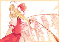 Rule 34 | 1girl, alternate wings, blonde hair, bow, cherry blossoms, flandre scarlet, hat, md5 mismatch, profile, red eyes, resized, resolution mismatch, short hair, side ponytail, solo, source larger, tama (soon32281), touhou, wings