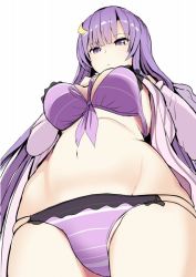 Rule 34 | 1girl, amisu, bikini, blunt bangs, breasts, closed mouth, crescent, crescent hair ornament, from below, hair ornament, large breasts, long hair, multi-strapped bikini, navel, patchouli knowledge, purple bikini, purple eyes, purple hair, simple background, skindentation, solo, stomach, swimsuit, touhou, white background