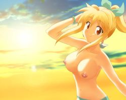 Rule 34 | 1girl, adjusting hair, blonde hair, bow, breasts, cloud, green bow, hair bow, large breasts, looking at viewer, nipples, ponytail, red eyes, sky, smile, solo, sunset, topless
