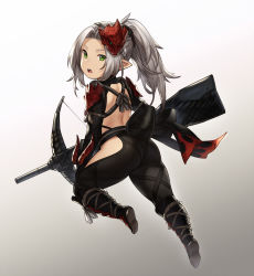 Rule 34 | 1girl, ass, backless outfit, black sash, boots, bow (weapon), crossbow, from behind, full body, gradient background, green eyes, grey background, grey hair, hair intakes, highres, hip vent, houtengeki, long hair, looking at viewer, looking back, mask, mask on head, monster hunter, monster hunter: world, monster hunter (series), odogaron (armor), open mouth, petite, ponytail, sash, shoulder blades, simple background, solo, v-shaped eyebrows, weapon