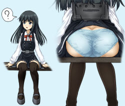 Rule 34 | 1girl, :o, ?, arms at sides, asashio (kancolle), ass, backpack, bag, belt, belt buckle, bench, black dress, black thighhighs, blue background, blue eyes, blue panties, blunt bangs, blush, buckle, buttons, clothes lift, dimples of venus, double-breasted, dress, dress lift, from behind, grey footwear, kantai collection, long hair, long sleeves, looking away, looking to the side, mary janes, open mouth, panties, pantyshot, pinafore dress, randoseru, red ribbon, ribbon, school uniform, shoes, simple background, sitting, skirt caught on object, sleeveless, sleeveless dress, speech bubble, spoken question mark, thighhighs, underwear, wardrobe malfunction, zanntetu, zettai ryouiki