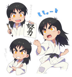 Rule 34 | 1boy, black hair, brown eyes, character request, child, clenched hand, copyright request, crossed arms, dougi, fighting stance, grin, karate, karate gi, long hair, male focus, moyori, open mouth, paintbrush, sash, simple background, smile, solo, teeth, white background