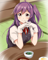 Rule 34 | 10s, 1girl, ahoge, food, gloves, hagikaze (kancolle), indoors, interlocked fingers, kantai collection, long hair, looking at viewer, neck ribbon, purple hair, red ribbon, ribbon, sch, school uniform, side ponytail, smile, solo, table, tatami, vest